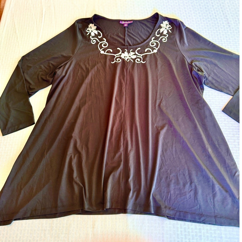 Roamans Brown Floral Embroidered Tunic Top Plus Size 2X 26/28 Long Sleeve Boho